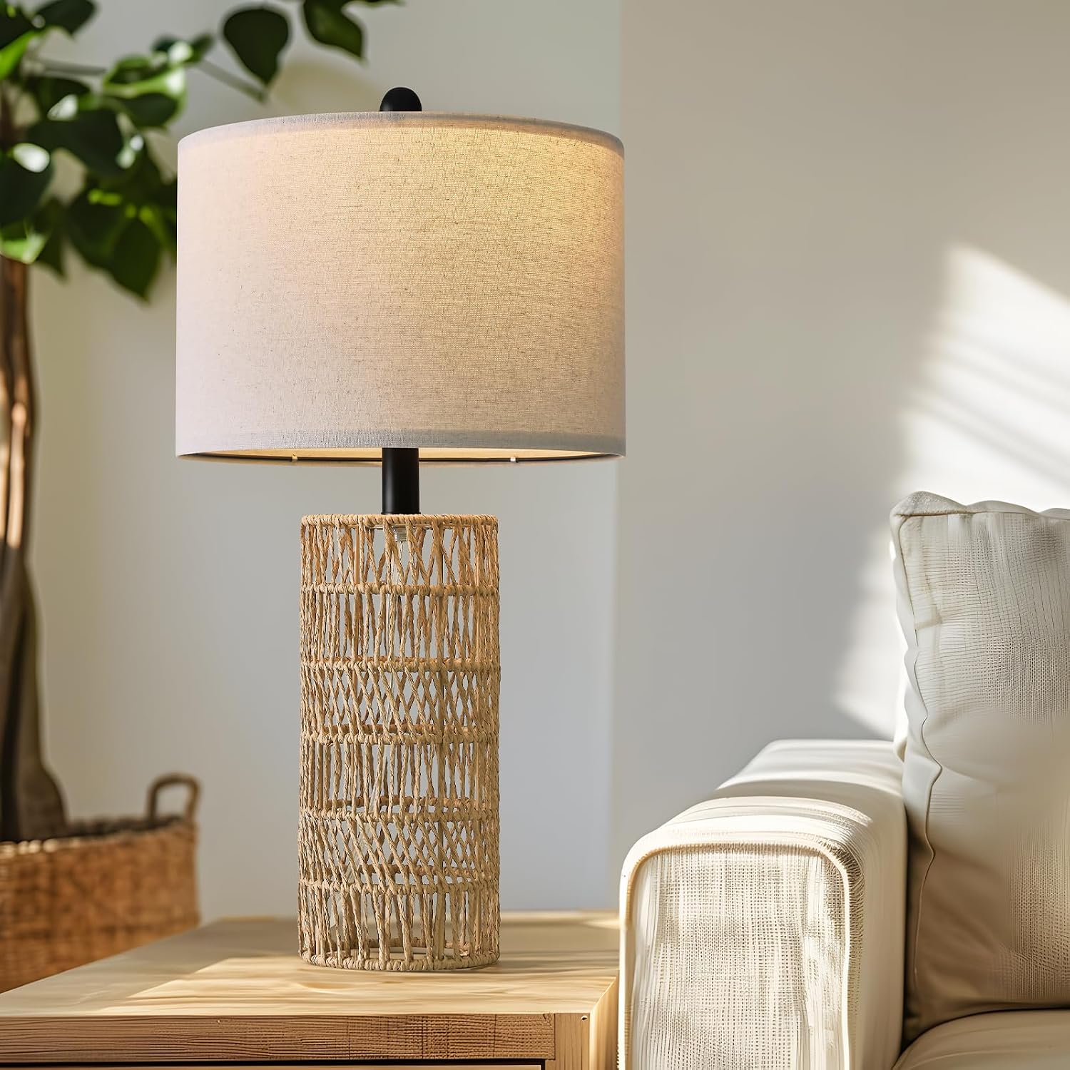 22.5" Boho Table Lamps Set Of 2 For Living Room, Bedside Lamp For Nightstands, Rattan Lamp For Bedroom, Farmhouse Table Lamp For Room Decor, End Table, Retro, Brown（Not Include Bulbs）