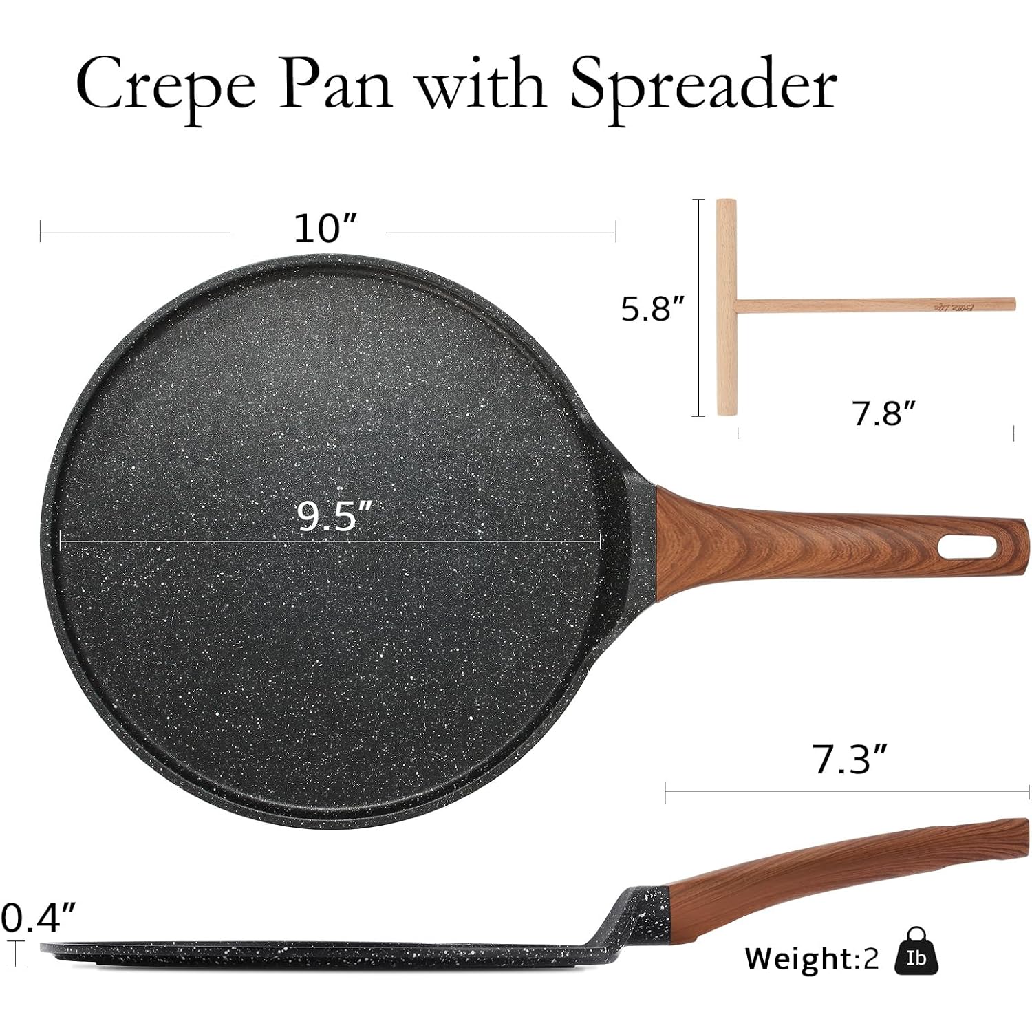 Eslite Life 9.5 Inch Crepe Pan With Spreader, Nonstick Granite Coating Dosa Pan, Roti Tawa Comal Para Tortillas Pancake Griddle Pan, Induction Compatible, Ptfe & Pfoa Free, Black