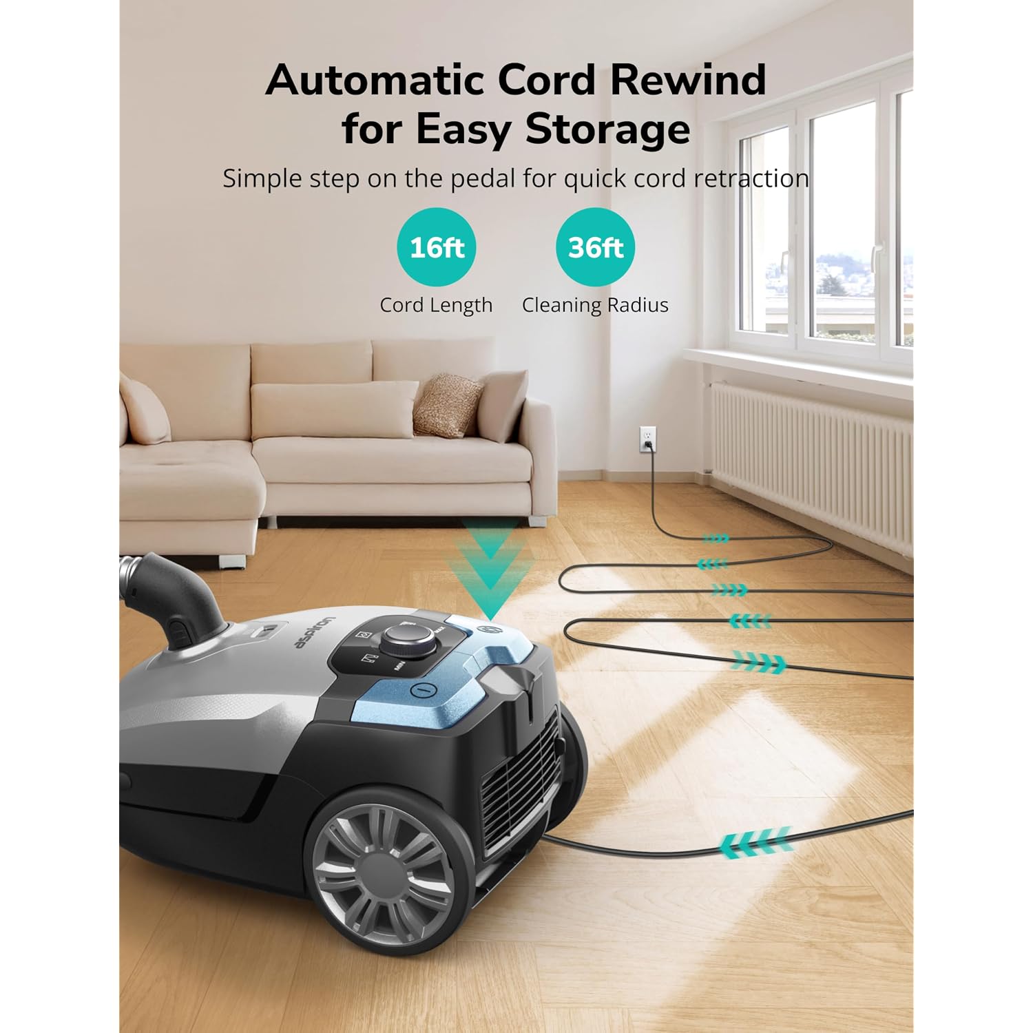 Aspiron Canister Vacuum, 1700W/45Kpa Bagged Vacuum Cleaner, 5L Large Capacity, Auto Cord Rewind, Hepa Filter, Low Noise, 8M Cleaning Radius, Easy To Push, For Hard Floor, Low Pile Carpet, Crack, Car