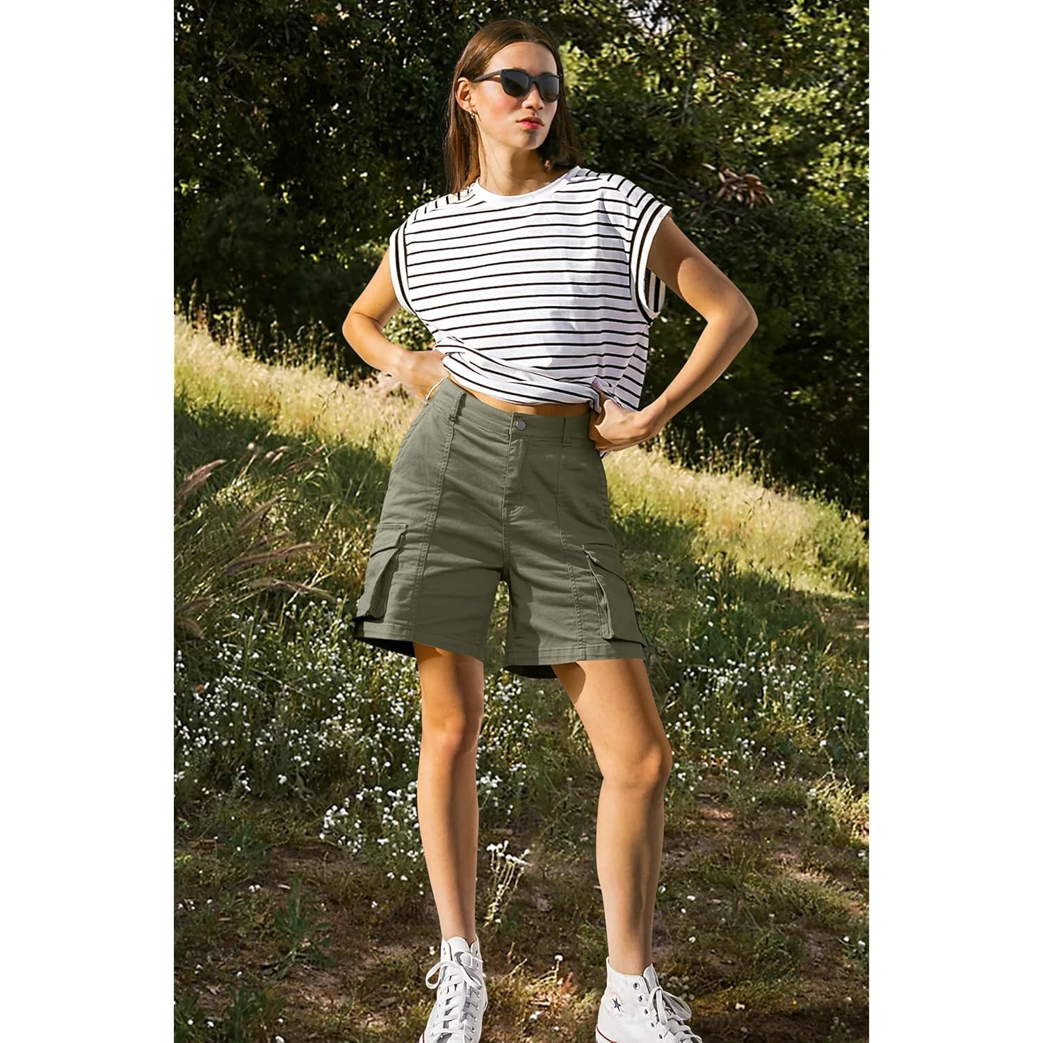 Bermuda Shorts for Women Cargo Shorts Knee Length 6 Pockets Elastic Waist Long Shorts for Summer Casual