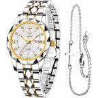 Vetra Womens Bracelet Watches Set Small Wrist Watches with Silver Gold Tone Diamond Stainless Steel Waterproof Luminous Date Display Watches for Ladies Reloj para Mujer