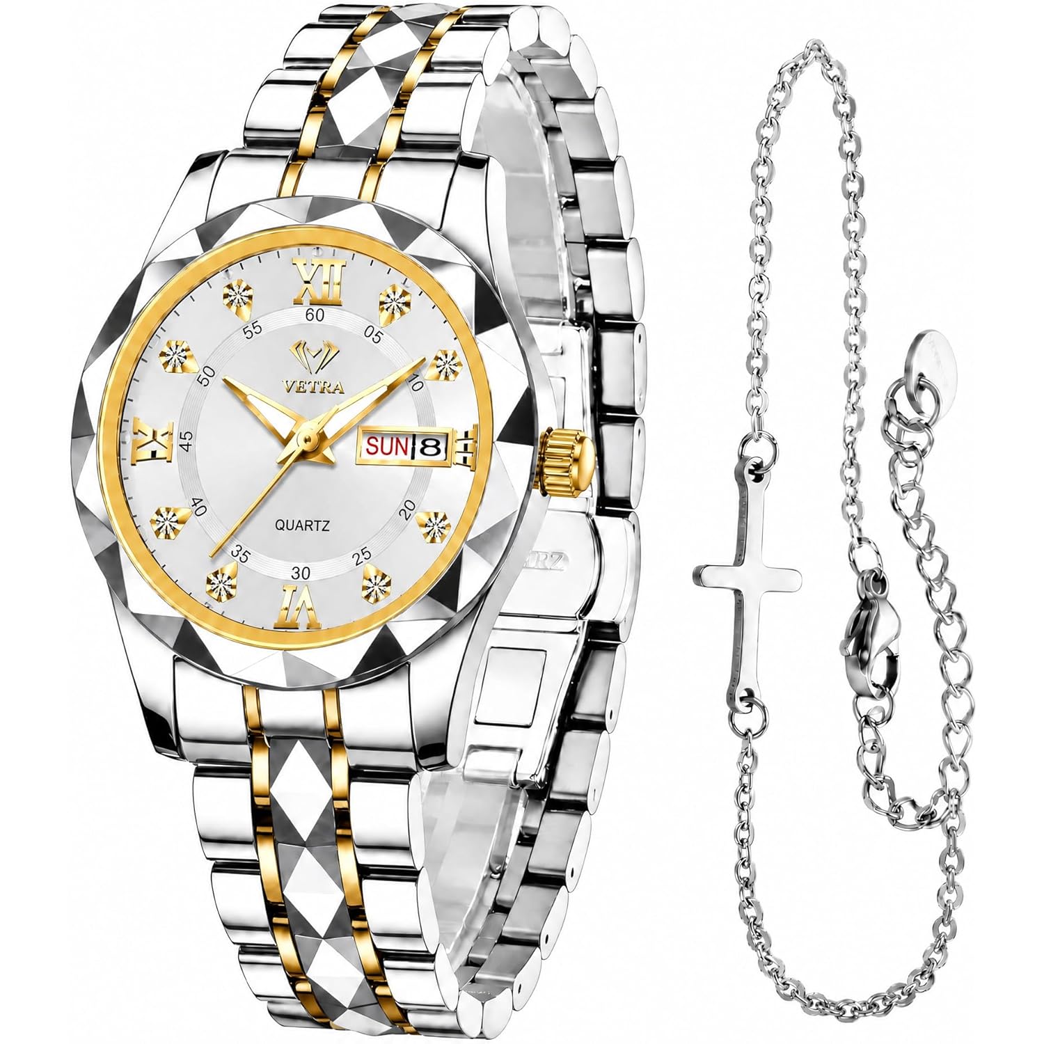 Vetra Womens Bracelet Watches Set Small Wrist Watches with Silver Gold Tone Diamond Stainless Steel Waterproof Luminous Date Display Watches for Ladies Reloj para Mujer