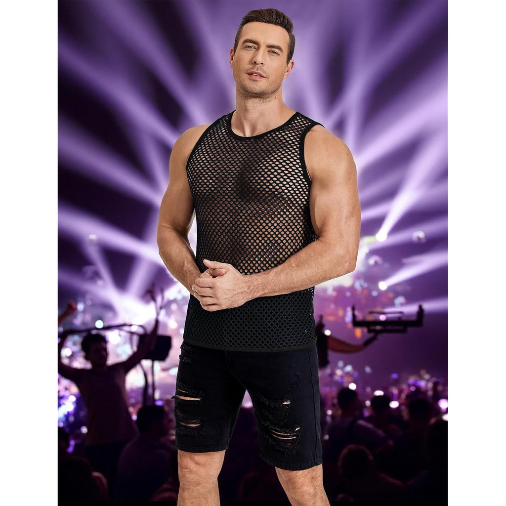 Coofandy Men Casual Tank Tops Mesh Shirt See Through Sleeveless Shirts Muscle Fishnet Fitted Tee Clubwear Summer