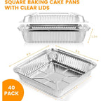 40 Pack 8x8 Inch Aluminum Pans with Clear Plastic Lids - Square Baking Cake Pans - Foil Pans with Lids - Disposable Food Containers Great for Cooking, Heating, Storing, Prepping Food