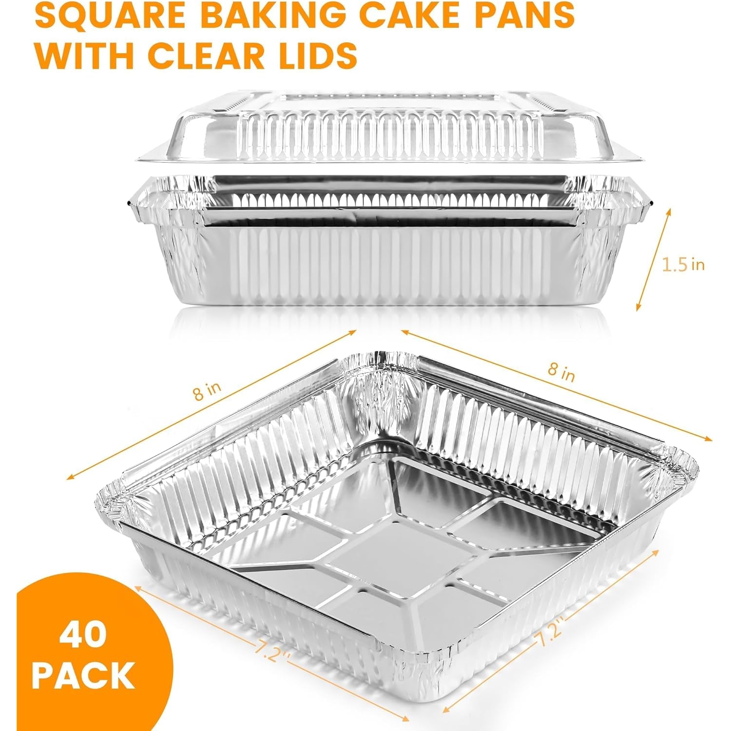 40 Pack 8x8 Inch Aluminum Pans with Clear Plastic Lids - Square Baking Cake Pans - Foil Pans with Lids - Disposable Food Containers Great for Cooking, Heating, Storing, Prepping Food