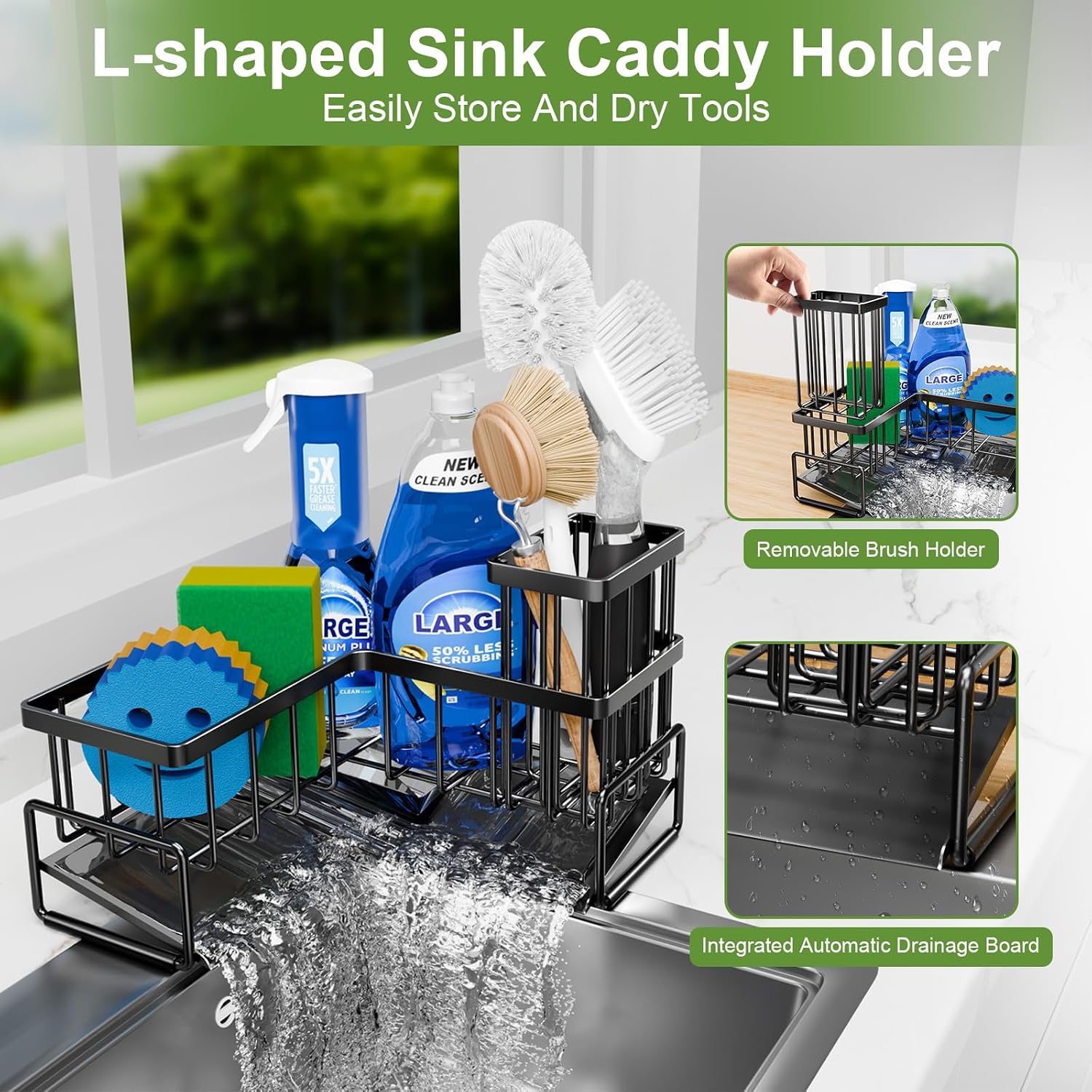Large Sponge Holder For Kitchen Sink, 90-Degree Sink Caddy Organizer With Dish Brush Holder For Countertop Corner Storage Rack, Metal L-Shaped Kitchen Sink Sponge Soap Organizer Storage Ideas