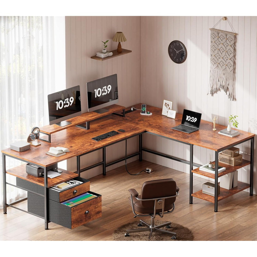 Furologee 66” L Shaped Desk With Power Outlet, Reversible Home Office Desk With File Drawer, 2 Monitor Stands, Storage Shelves, Corner Computer Table For Gaming, Writing, Rustic Brown