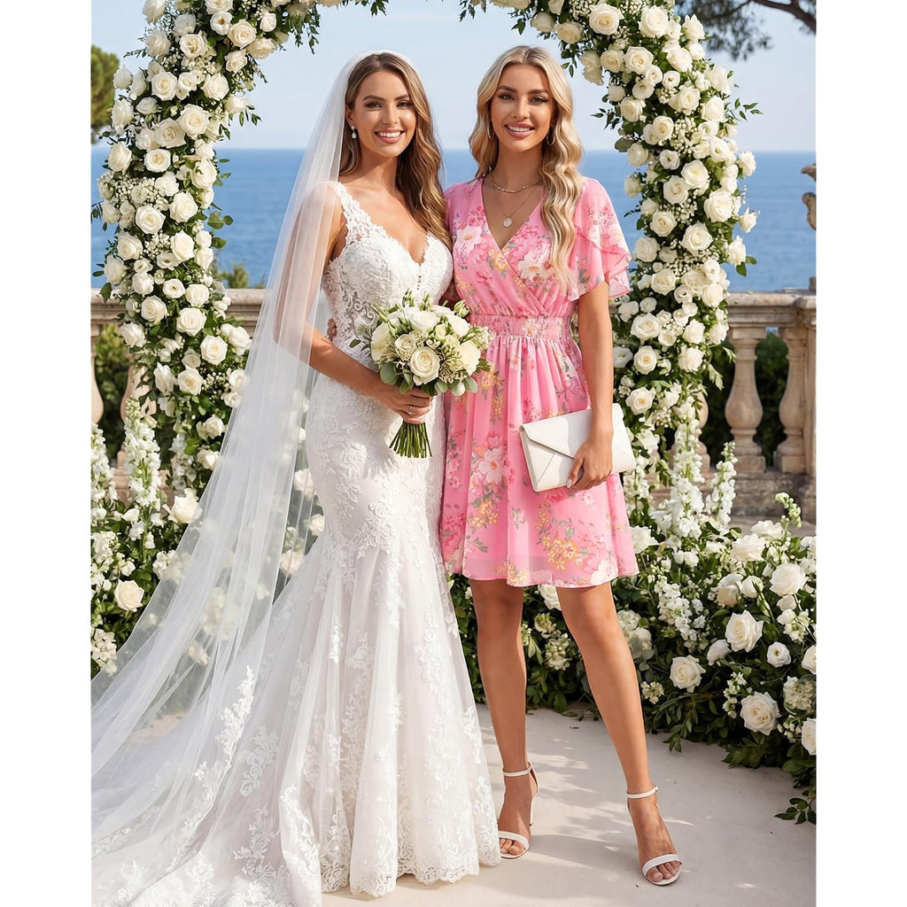 Womens Summer Ruffle Short Sleeve Dress V Neck Flowy Chiffon Layers Boho Dresses