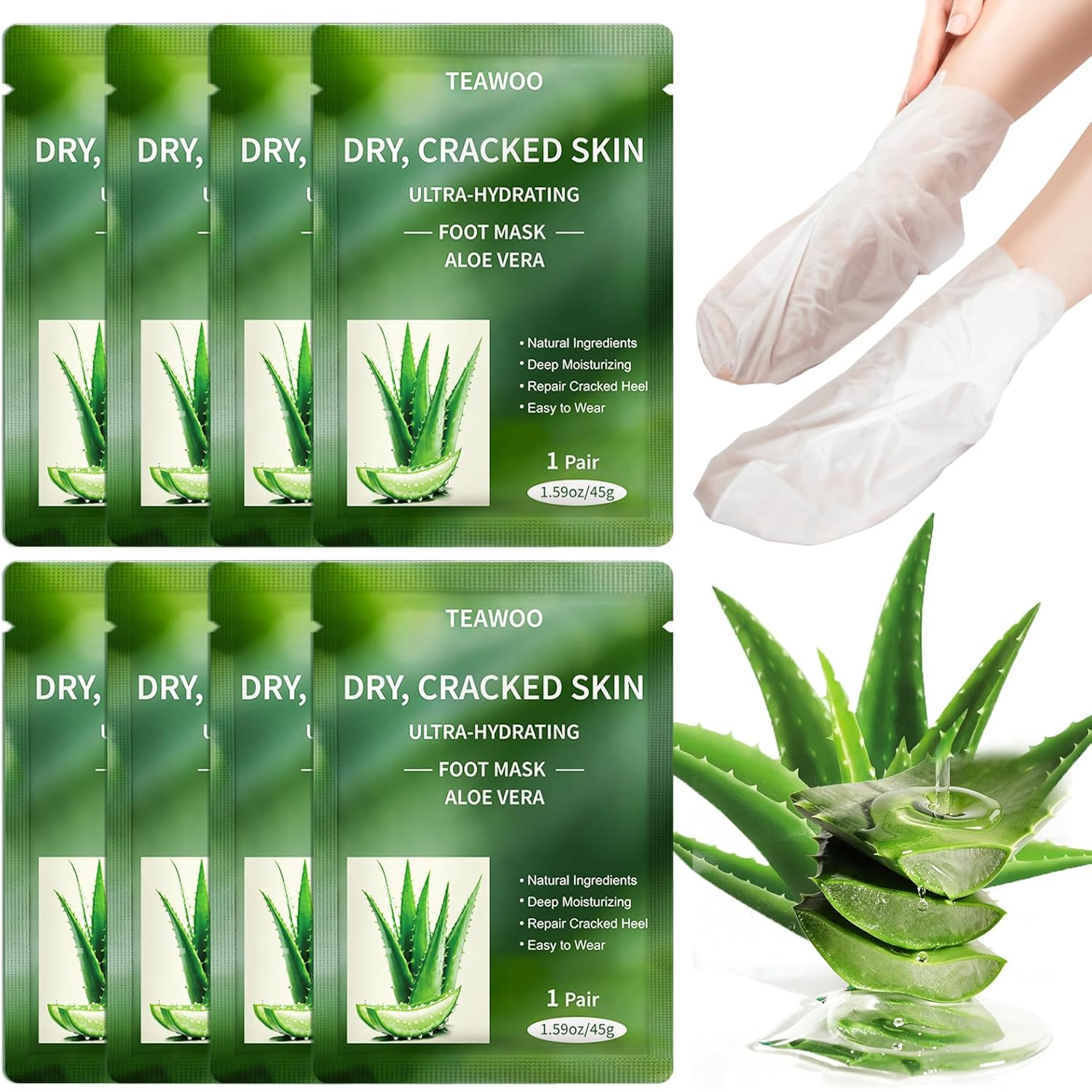 TEAWOO 8 Pairs Moisturizing Foot Masks with Aloe Vera Extract & Jojoba Oil, Intensely Hydrating Foot Mask for Dry Cracked Feet, Moisturizing Socks for Cracked Heel Treatment