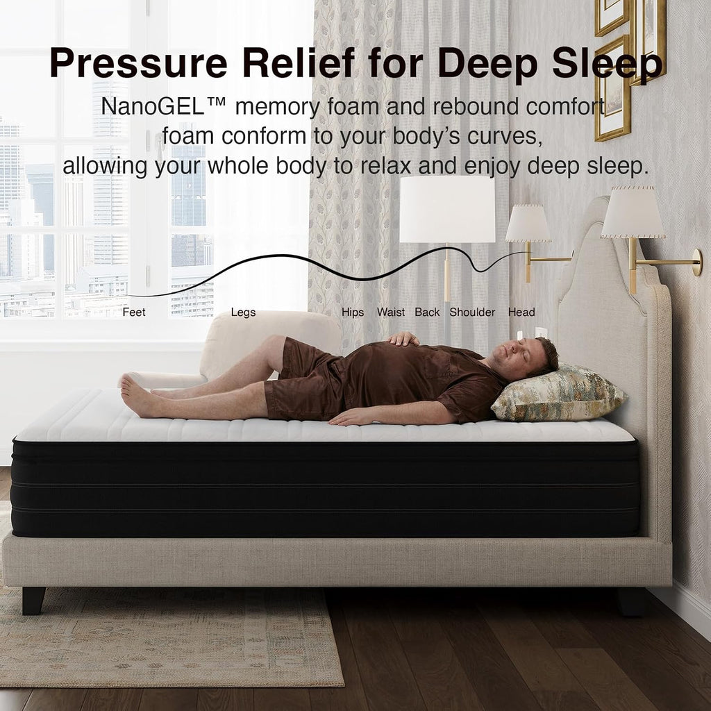 Novilla 12 Inch Queen Mattress, Cooling Queen Hybrid Mattress With Upgraded Individual Coils & Gel Memory Foam, Enhanced Support, Motion Isolation, Pressure Relief, Certipur-Us