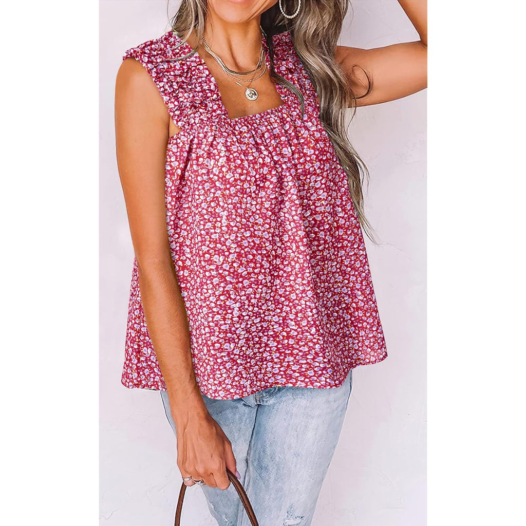 Prettygarden Boho Floral Tank Tops For Women, Shirred Straps Pleated Summer Casual Sleeveless Shirts Tops Beach Blouses