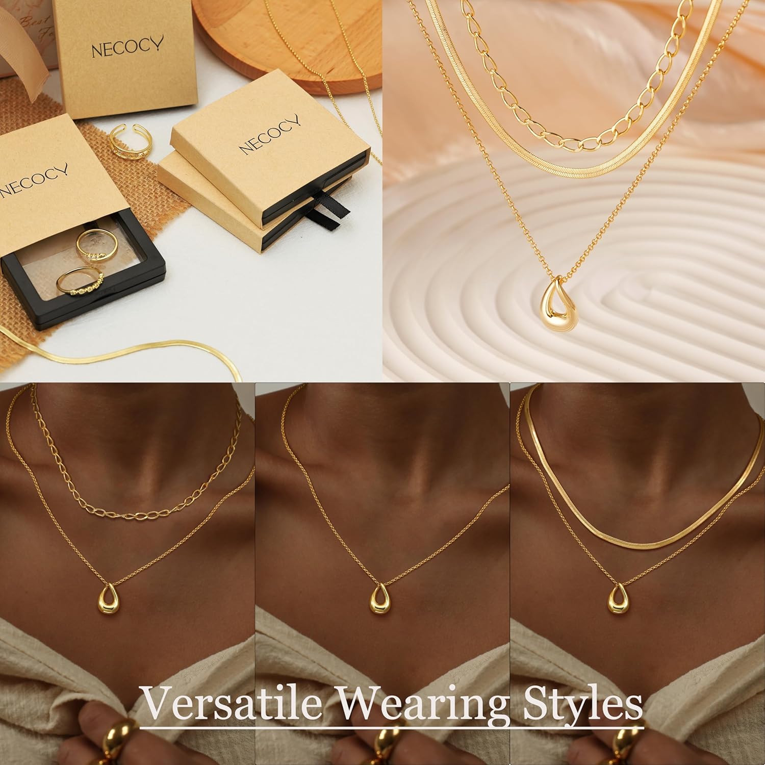 NECOCY Layered Gold Necklaces for Women, Trendy 14k Gold/Silver Plated Pendant Necklace Stack Simple Herringbone Chain Choker Set Gold Jewelry Gifts