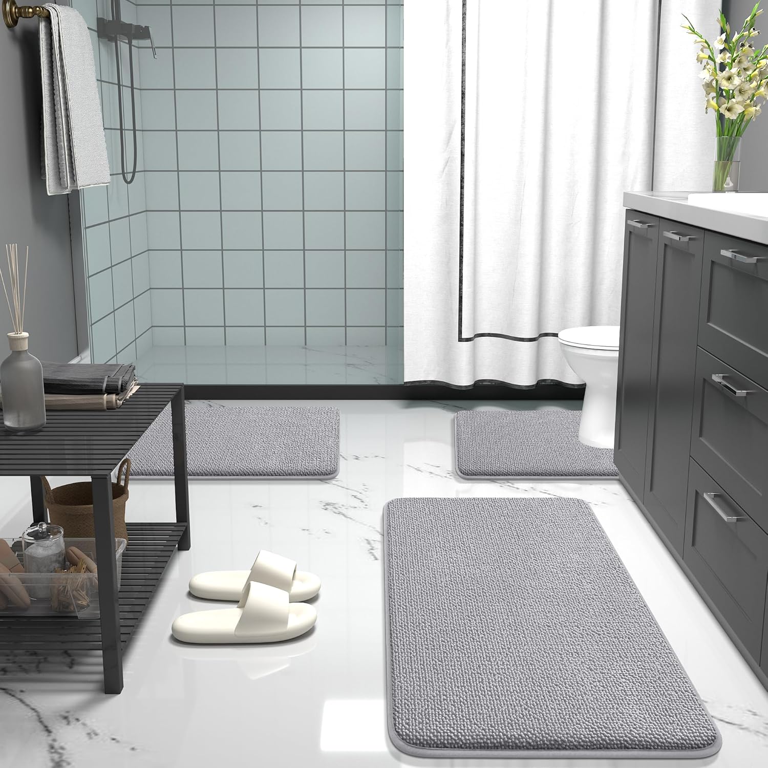 OLANLY Thick Memory Foam Bath Mat Rug 30x20, Extra Soft Absorbent Bathroom Rugs, Quick Dry Bath Mats, Non-Slip, Machine Washable Carpet for Bathroom, Tub and Shower, Home Decor Accessories, Grey