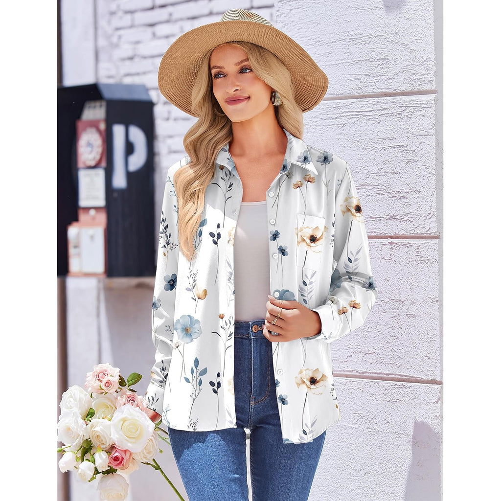 Zeagoo Womens Button Down Shirt Long Sleeve Blouse Business Work Tops Dressy Casual Floral Printed Outfits With Pocket