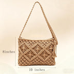 Boho Handwoven Crossbody Bag For Women - Crochet Straw Clutch Purse Beach Bag With Tassel For Vacation Casual & Travel