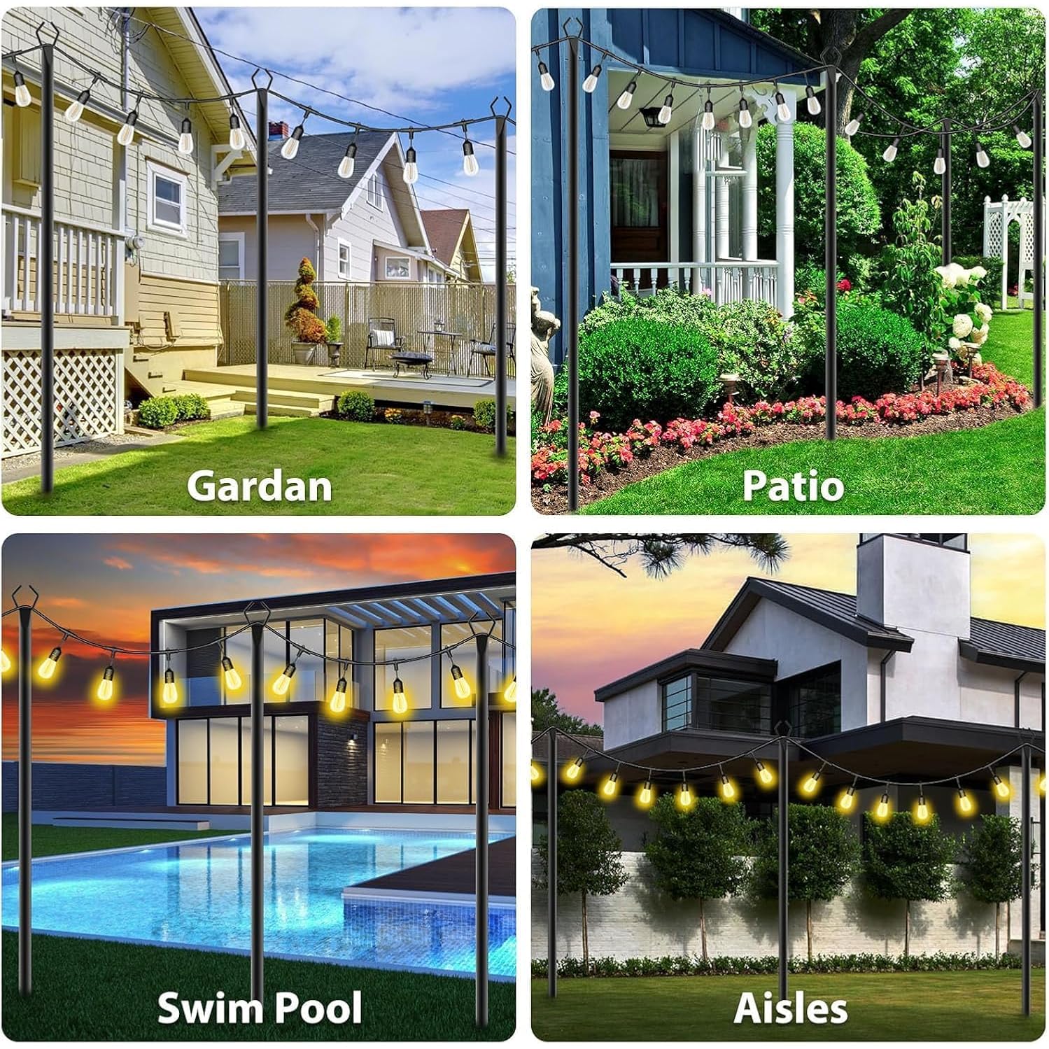Ailbton 10Ft String Light Poles 4 Pack,Light Poles For Outside Lights,Outdoor With Fence Brackets Hanging Lights,Metal Stand Deck Patio Backyard