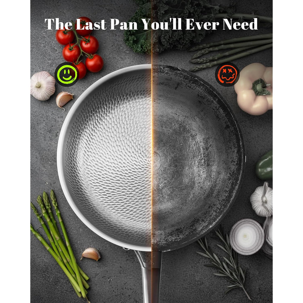 Titanium Pan, 12 Inch Pure Titanium Hammered Pro frying pan with Lid, Non-Toxic Skillet for Cooking, PFAS/PFOA/PTFE Free Cookware, Dishwasher&Oven Safe, Kitchen Induction Compatible