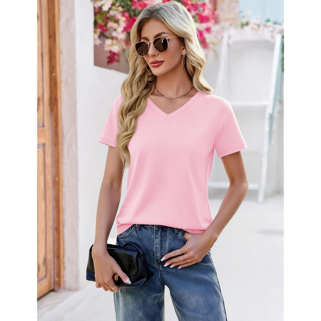 YUCOLEN T Shirts for Women Soft Short Sleeve V Neck Basic Tees Cotton Blend Breathable UPF 50+ Tops for Summer Spring