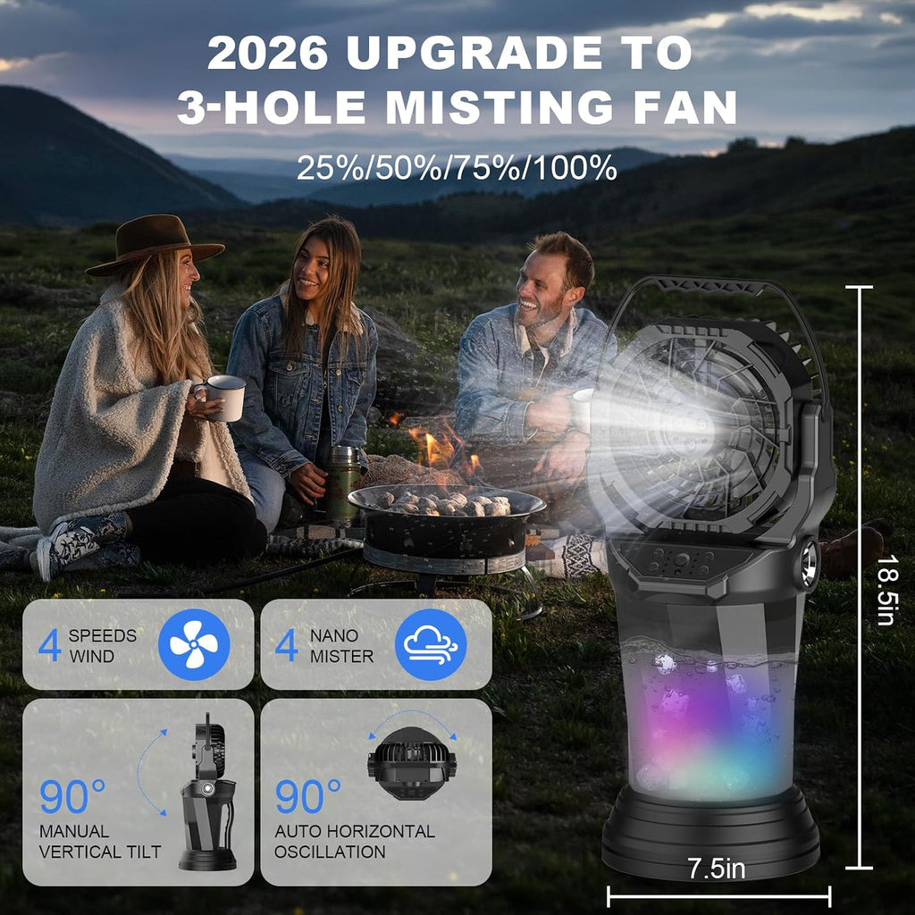 Ghora 2026 New Portable Misting Fan,25000Mah Rechargeable Battery Operated Fan For Outside Patios, 60H Runtime Oscillating Mist Fan With Remote, 2L Water Tank & Rgb For Camping, Beach
