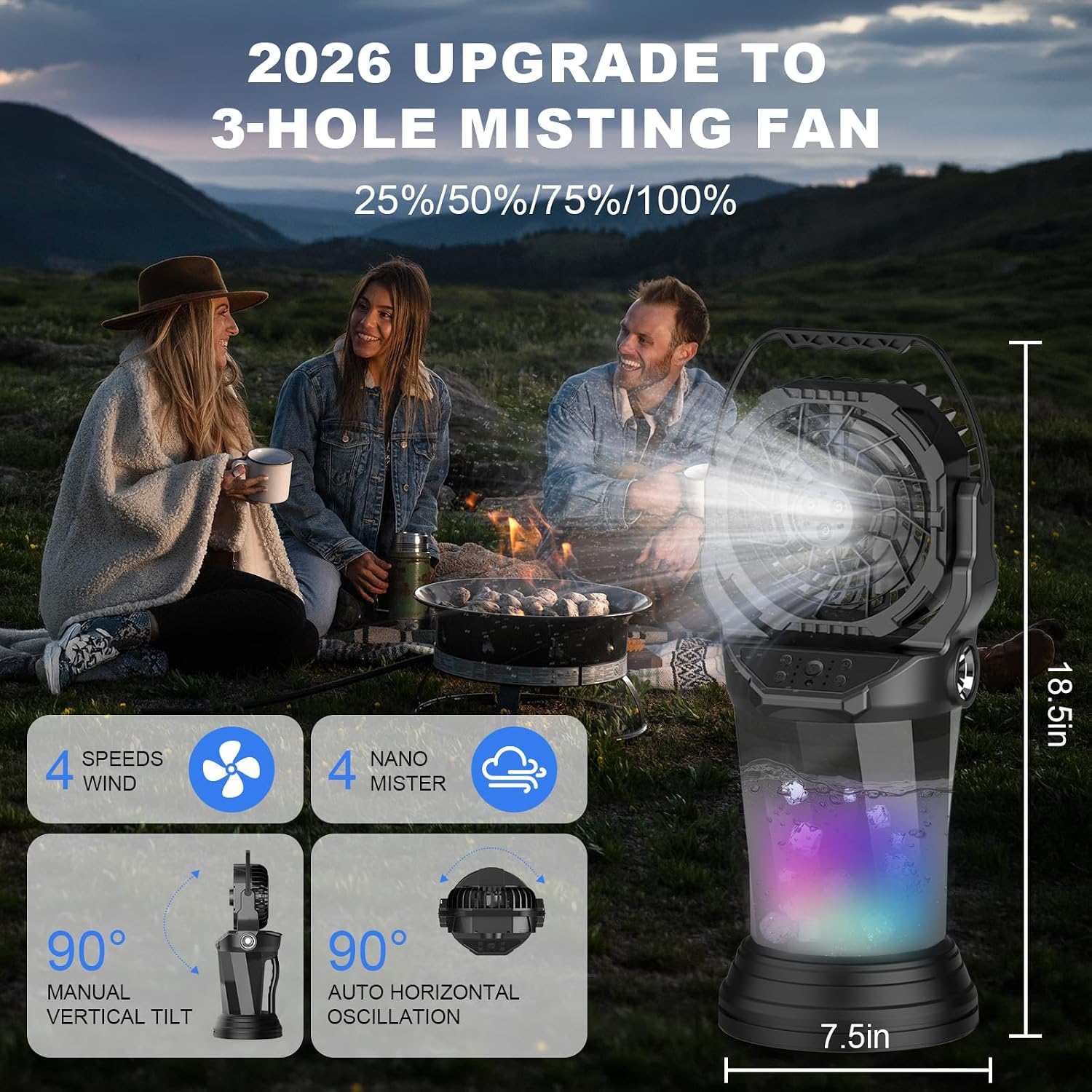Ghora 2026 New Portable Misting Fan,25000Mah Rechargeable Battery Operated Fan For Outside Patios, 60H Runtime Oscillating Mist Fan With Remote, 2L Water Tank & Rgb For Camping, Beach