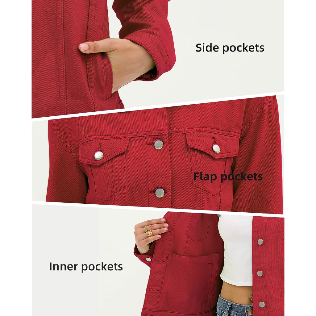 Women Denim Jacket Button Up Long Sleeve With Inner Pockets