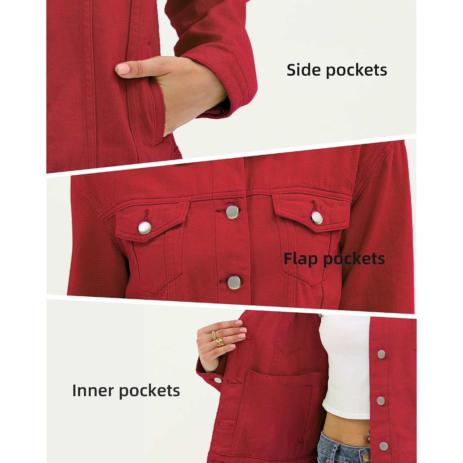 Women Denim Jacket Button Up Long Sleeve With Inner Pockets