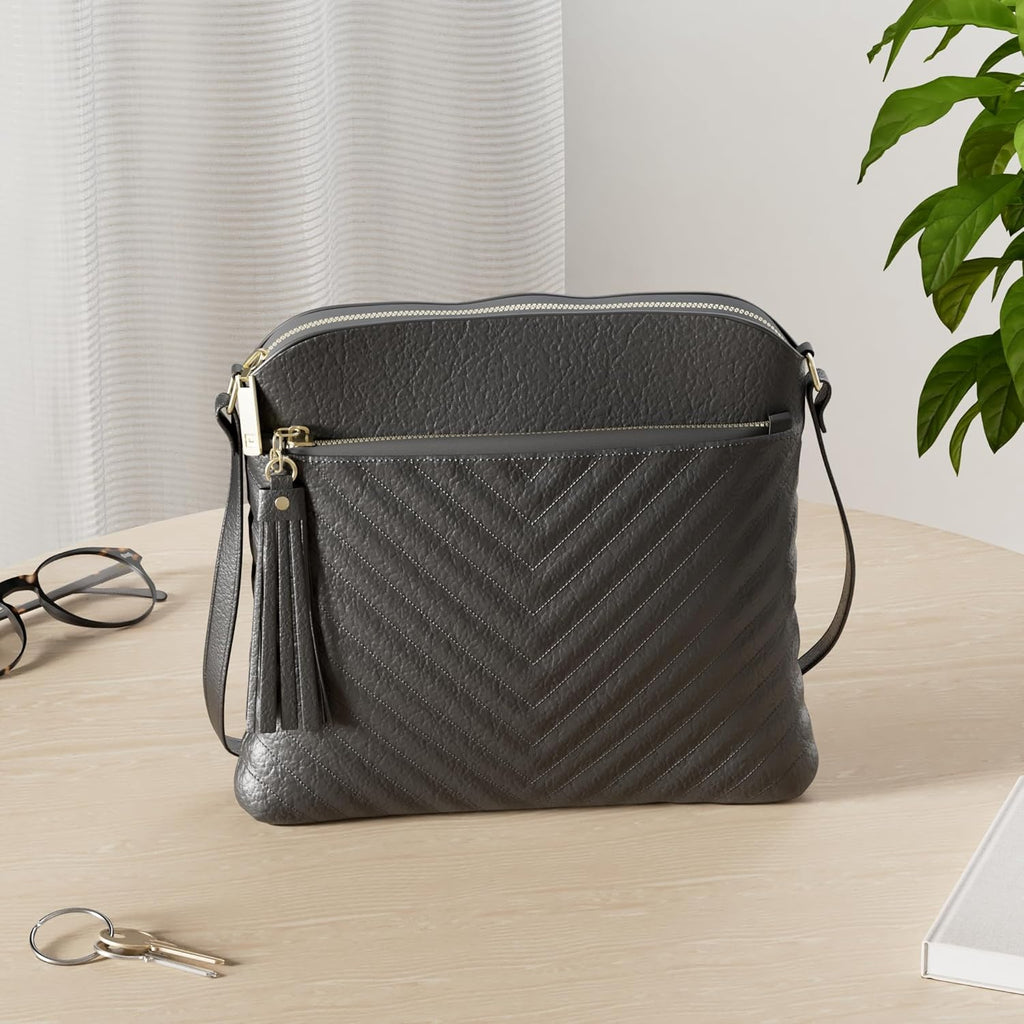 FashionPuzzle Chevron Quilted Medium Crossbody Bag with Tassel Accent