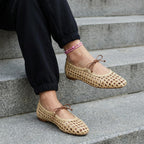 Women Woven Mesh Ballet Flats Raffia Lace Up Ballerina Mary Jane Flats Fashion Casual Slip On Shoes