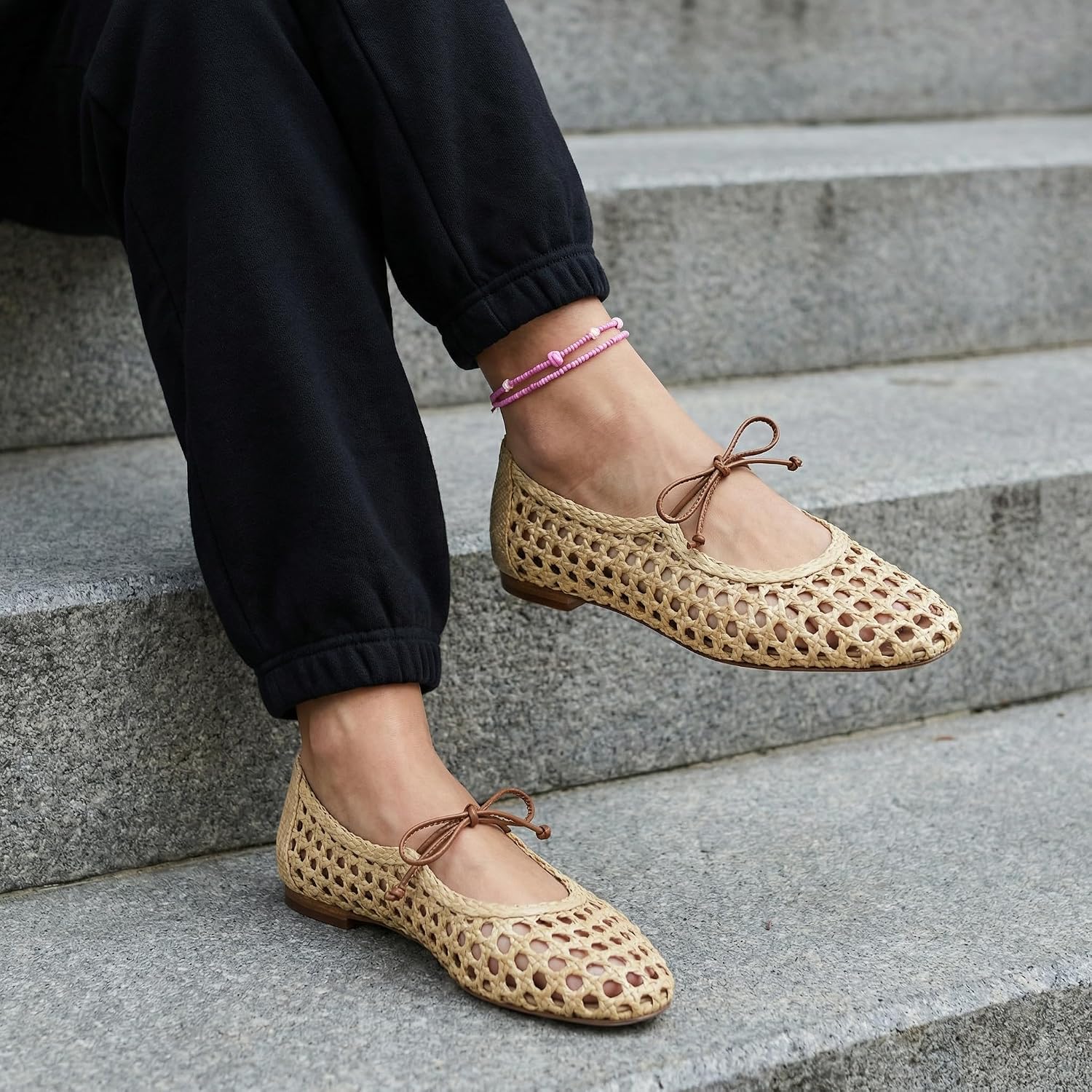 Women Woven Mesh Ballet Flats Raffia Lace Up Ballerina Mary Jane Flats Fashion Casual Slip On Shoes