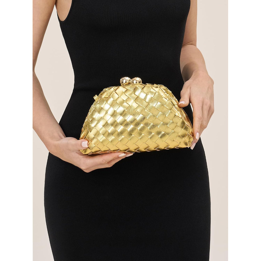 Gold Clutch Purses For Women, Woven Evening Handbags, Formal Dumpling Bag