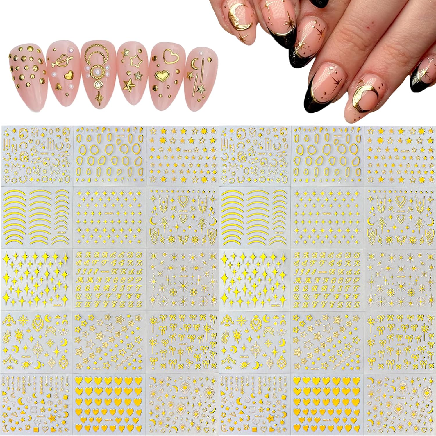 30 Sheets Gold Nail Sticker Star Moon Heart Nail Art Stickers Cute Knot Bow Design 3D Self-Adhesive Nail Decals for Women Girls DIY Nail Art Decoration Accessories