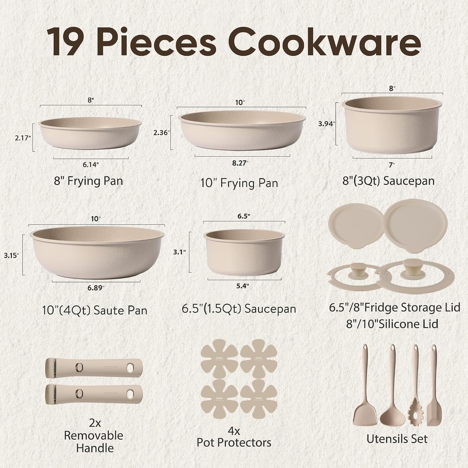 Carote 19Pcs Pots And Pans Set Non Stick, Nonstick Cookware Set Detachable Handle, Induction Kitchen Cooking Sets With Removable Handle, Rv Kitchen, Oven Safe, Taupe