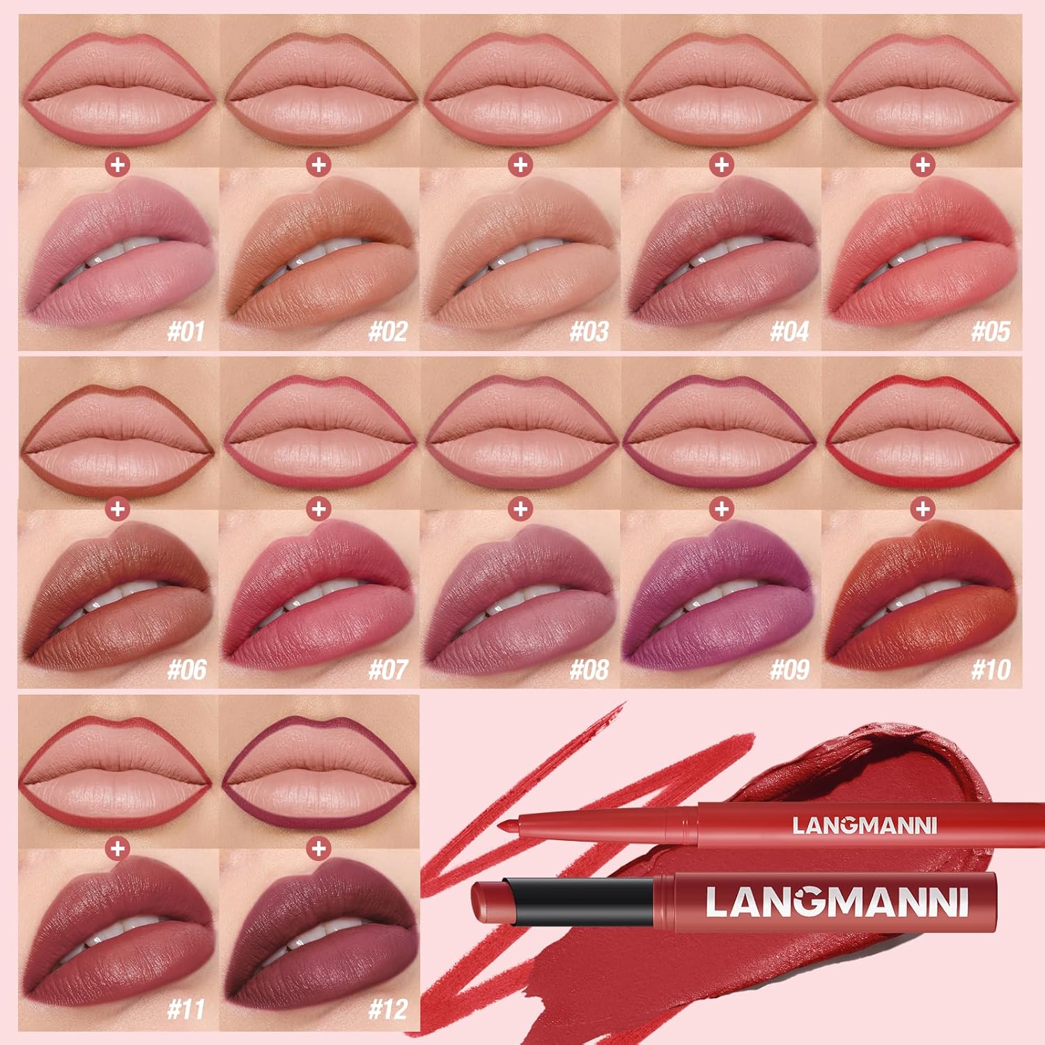 12Pcs Lip Set: 6 Colors Lip Liner+6 Colors Lipstick,Matte/Creamy,Smooth Creamy Texture,Long-Lasting,Bold/Nude Shades for Daily/Party, Vegan,Gift for Makeup Lovers.(Rich - Color Set B)