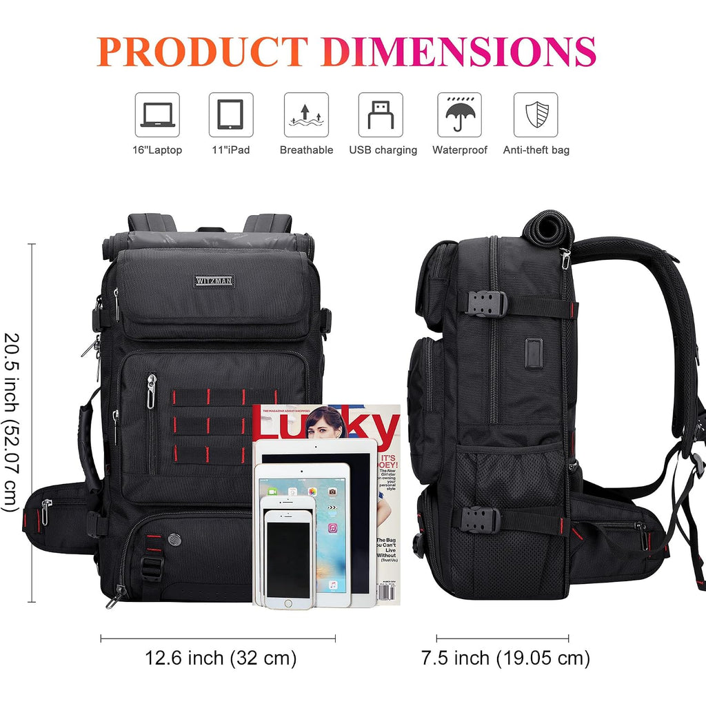Witzman Carry On Travel Backpack For Men Airline Approved Fits 16" Laptop | Nylon 3 In 1 Luggage Duffle Bag With Usb Charging Port, Shoe Compartment, For Weekend Getaway, Overnight Trip, B682 Black)