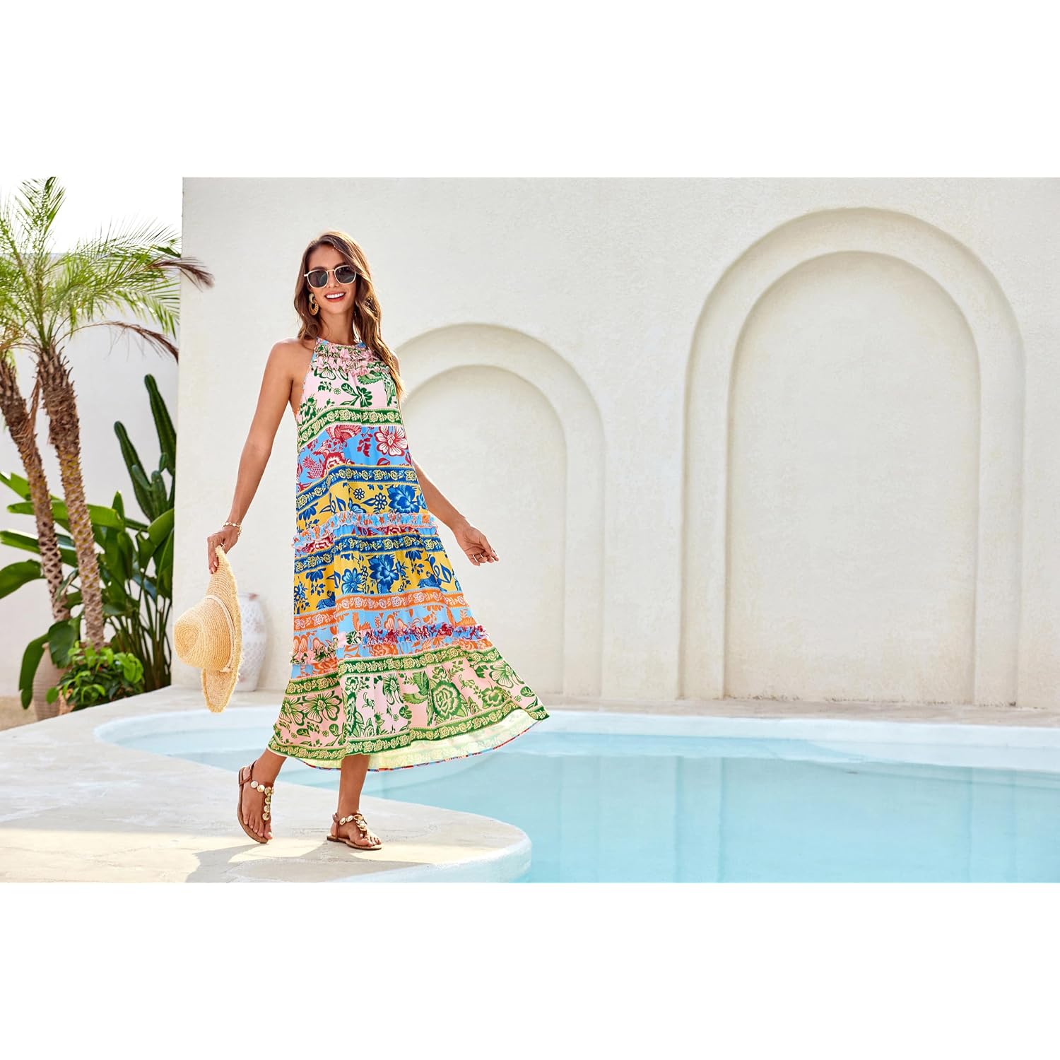 Grace Karin 2026 Women'S Floral Halter Maxi Dress Boho Summer Beach Sundress With Tiered Ruffle Skirt