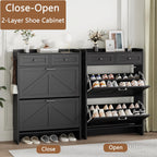 Shoe Cabinet With 2 Flip Drawers & 2 Top Drawers, 43" Tall Freestanding Narrow Wooden Shoe Storage Organizer For Entryway, Hidden Slim Shoe Rack For Front Door Entrance, Hallway, Living Room, Black