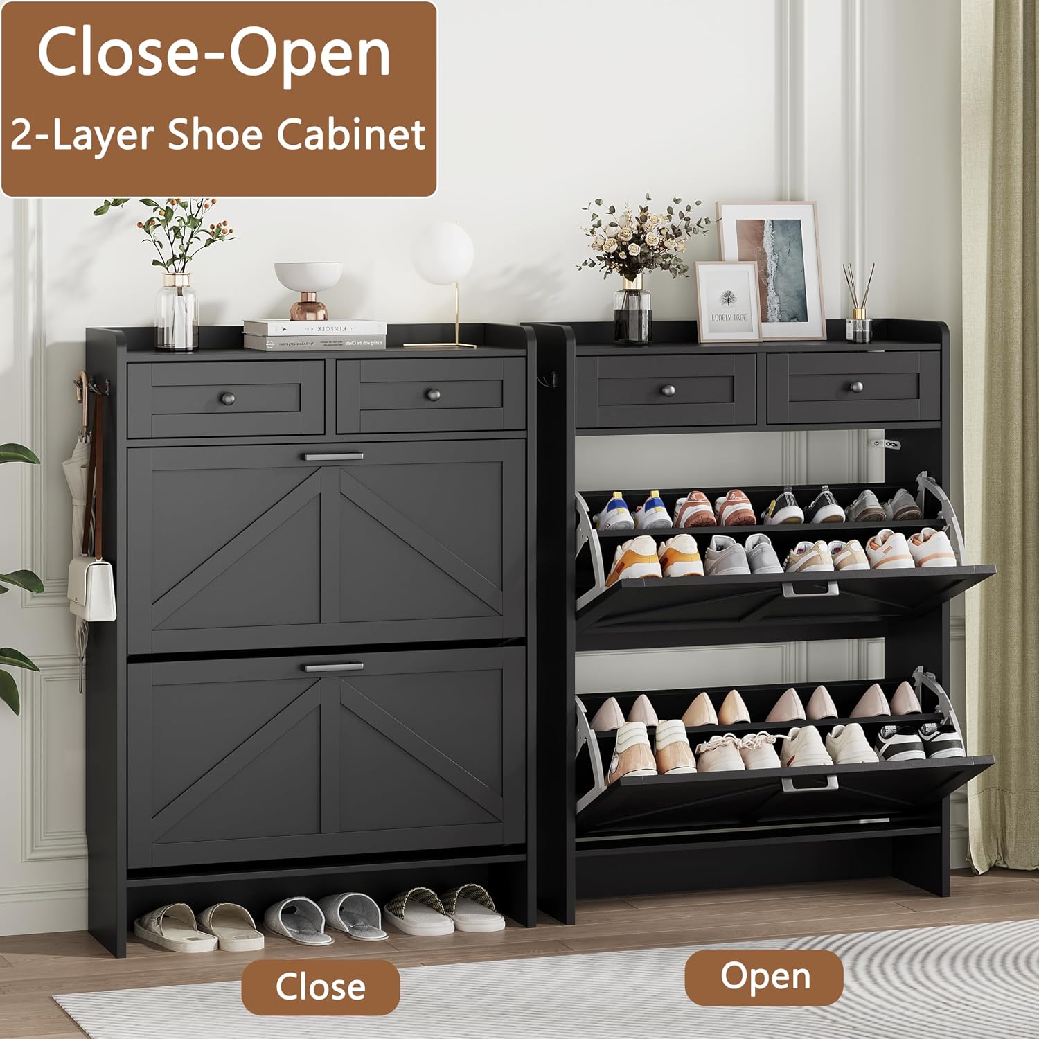 Shoe Cabinet With 2 Flip Drawers & 2 Top Drawers, 43" Tall Freestanding Narrow Wooden Shoe Storage Organizer For Entryway, Hidden Slim Shoe Rack For Front Door Entrance, Hallway, Living Room, Black
