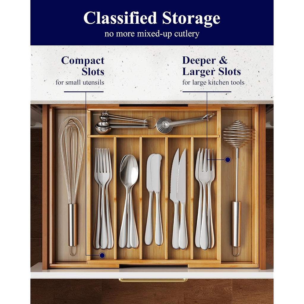 Kitsure Silverware Organizer - Expandable Bamboo Kitchen Drawer Organizer For Cooking Utensils And Cutlery, Sturdy & Thickened Kitchen Organizers And Storage Solution, Large, Natural