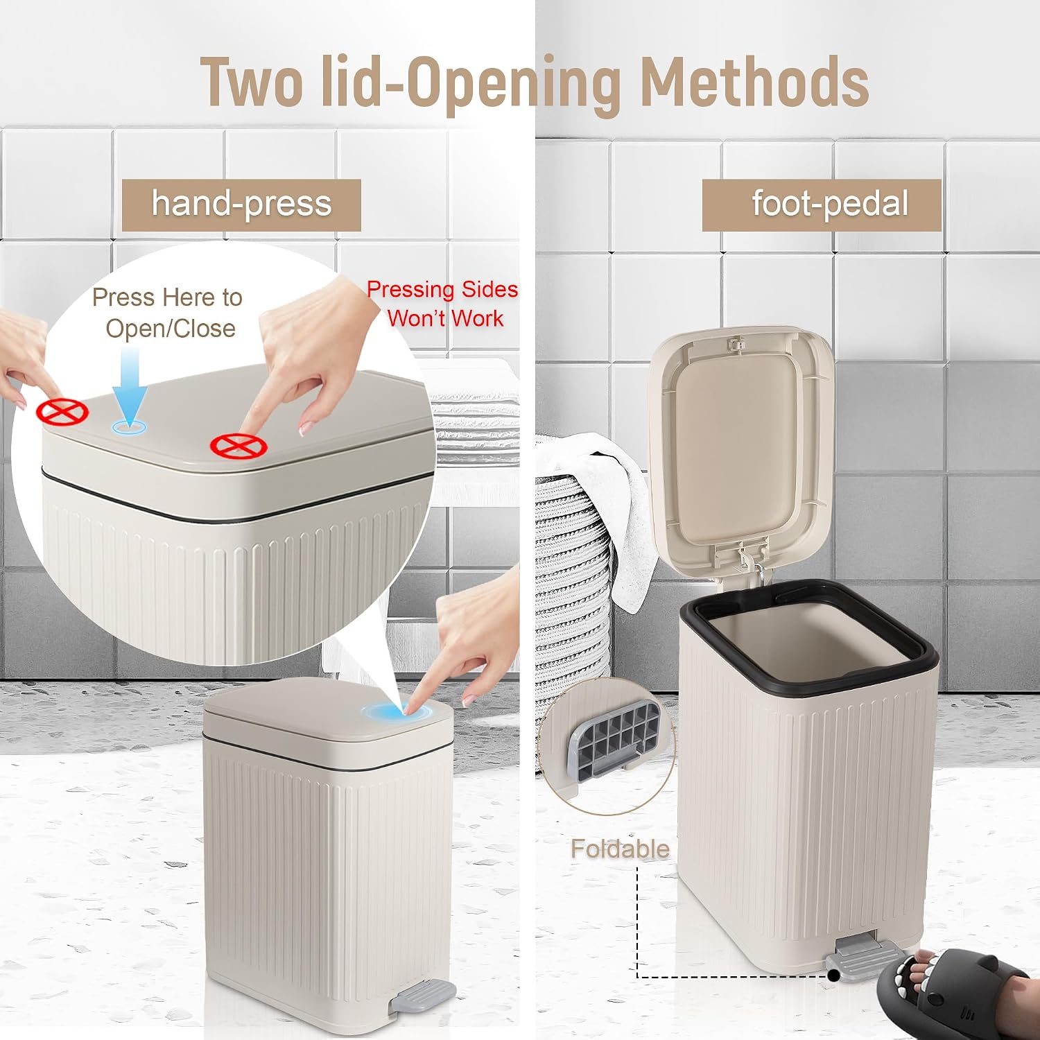 Small Bathroom Trash Can With Lid Slim Soft Close Garbage Can Step Wastebasket Container Trash Bin For Office Bedroom Kitchen Living Room (1.9 Gallon Cream)