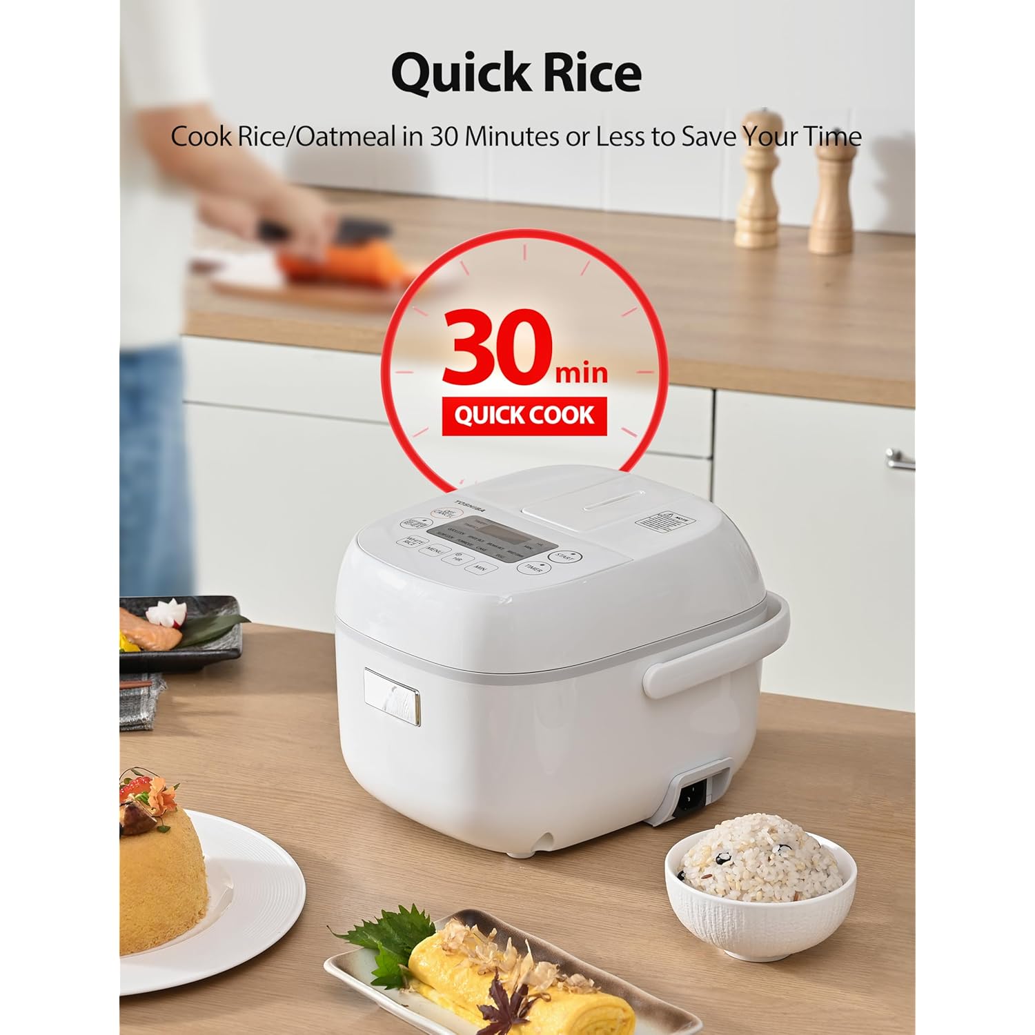 Toshiba Mini Rice Cooker, 3 Cups Uncooked Small Rice Cooker, Steamer & Warmer, With Fuzzy Logic And One-Touch Cooking, 24 Hour Delay Timer And Auto Keep Warm Feature, White