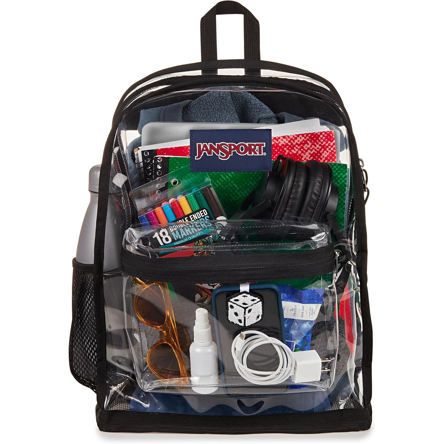 Jansport Clear Pack – 25.5L Transparent Backpack, Large Main Compartment, Side Water Bottle Pocket, Front Zippered Pocket, Mesh Bottom Panel, Clear