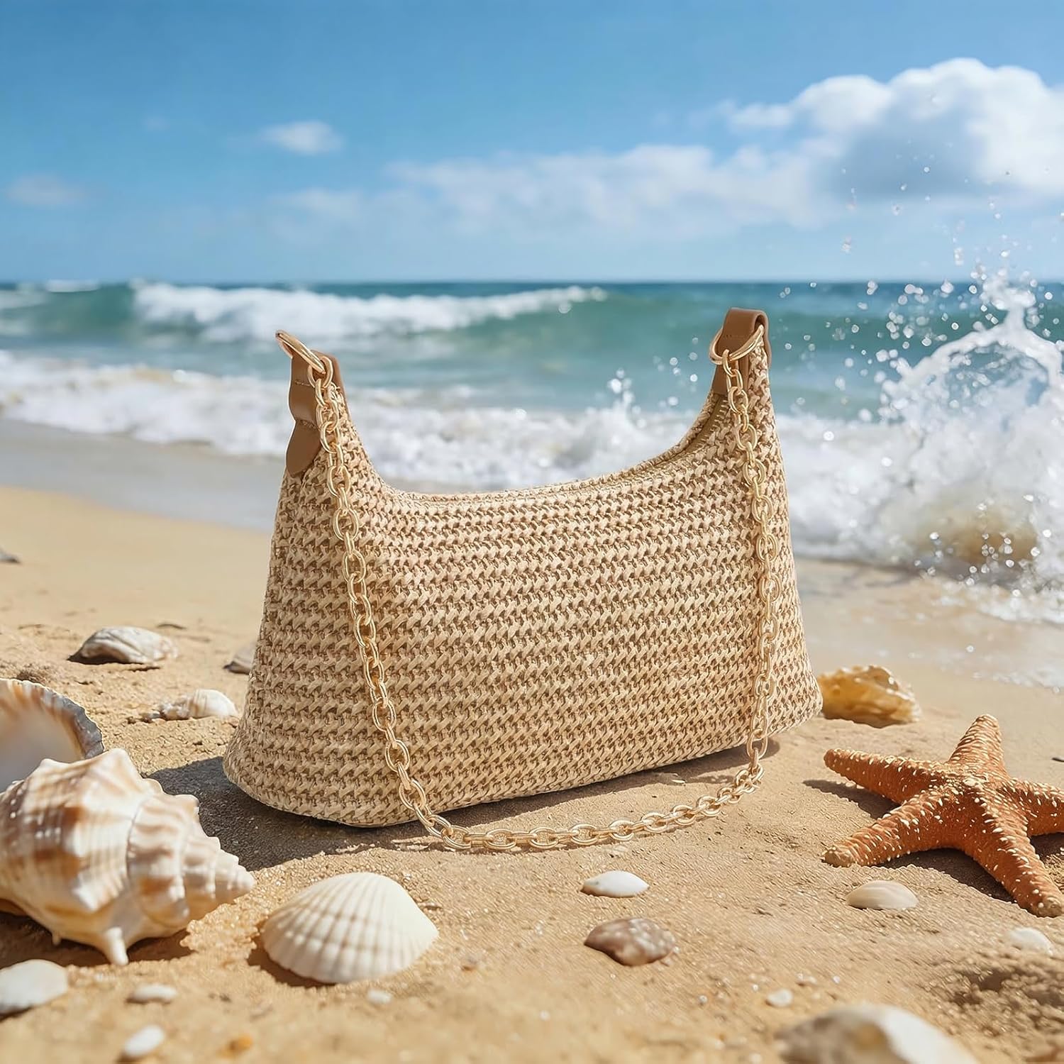 Beach Bags for Women Summer Straw Purse Boho Woven Shoulder Bag Crochet Purse Vacation Tote Handbag