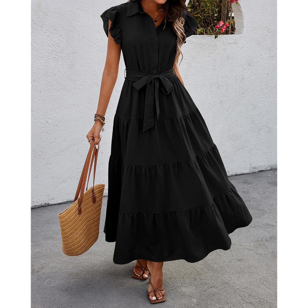 Dowerme Women'S Summer Casual Dresses 2026 Cap Ruffle Sleeve V Neck Button Belted Tiered Boho Maxi Dress With Pockets