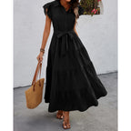 Dowerme Women'S Summer Casual Dresses 2026 Cap Ruffle Sleeve V Neck Button Belted Tiered Boho Maxi Dress With Pockets