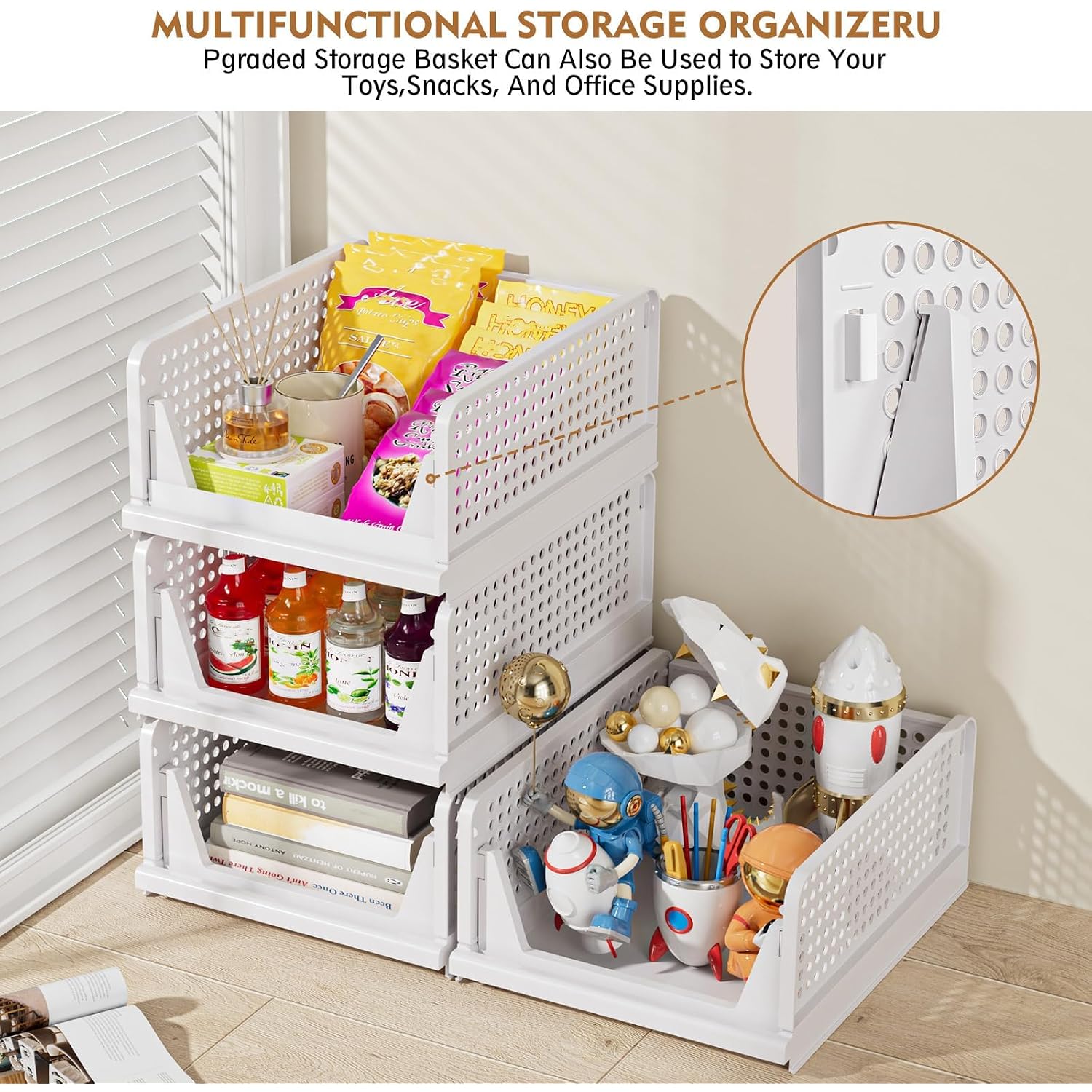 Snslxh 5 Pack Stackable Closet Storage Basket, Multifunctional & Foldable Closet Organizer For Bathroom Kitchen Laundry Room Wardrobe Storage, Space-Saving Clothes Storage Drawer Organizer, White