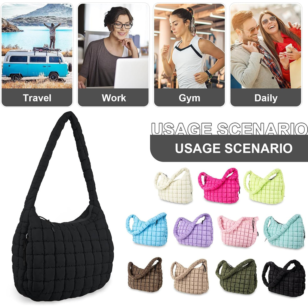 Quilted Puffer Tote Bag Purse Puffy Crossbody Shoulder Bag,Lightweight Nylon Hobo Bag Puffer Carryall Bag For Women Girl
