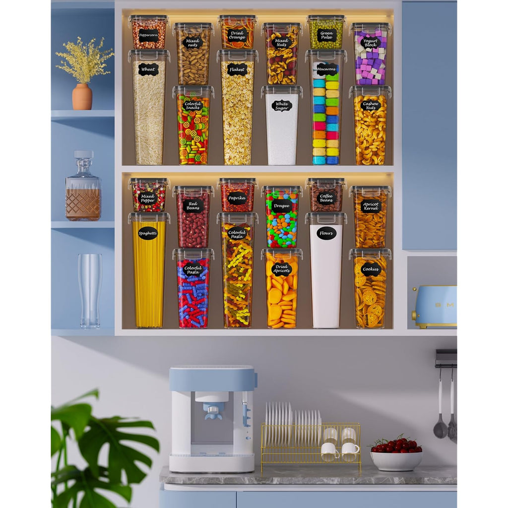 Airtight Food Storage Containers with Lids, 24 PCS Kitchen and Pantry Organization Canisters, BPA-Free, PVC-Free, Food-grade Plastic Leak-proof Jars for Cereal, Flour, Sugar, Extra 24 Labels & Marker