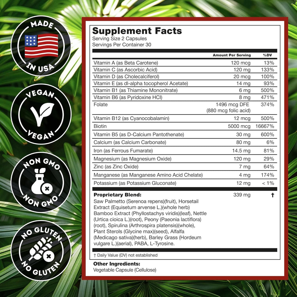 DHT Blocker Hair Growth Supplement - High Potency Biotin & Saw Palmetto for Hair Regrowth - Natural Hair Loss Treatments for Women & Men - Helps Stimulate Hair Follicle Growth
