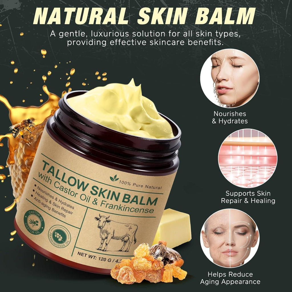 Beef Tallow For Skin & Face Cream With Castor Oil And Frankincense,120G,Organic Natural 100% Grass Fed,Whipped Beef Tallow Balm Deeply Moisturizing For Face & Body Care,4.2 Oz