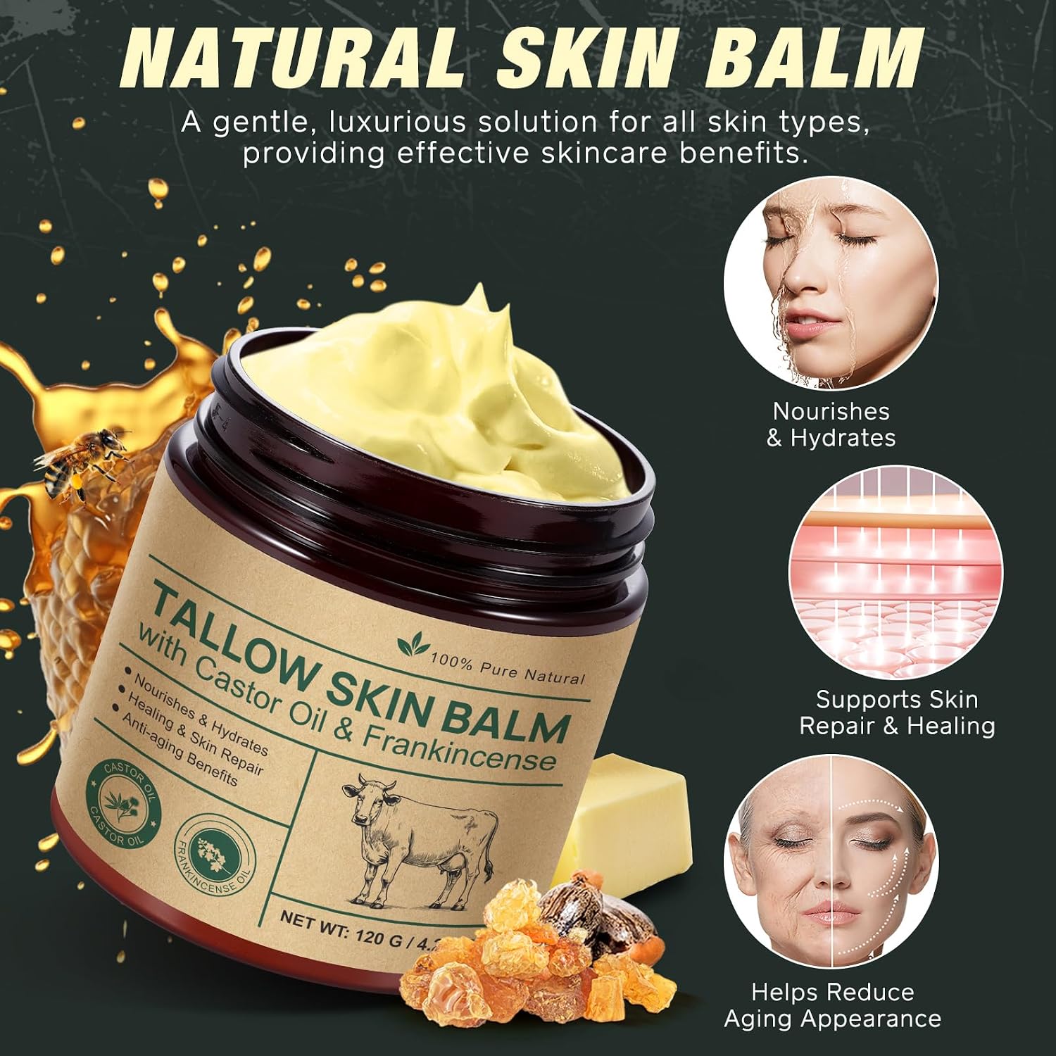 Beef Tallow For Skin & Face Cream With Castor Oil And Frankincense,120G,Organic Natural 100% Grass Fed,Whipped Beef Tallow Balm Deeply Moisturizing For Face & Body Care,4.2 Oz